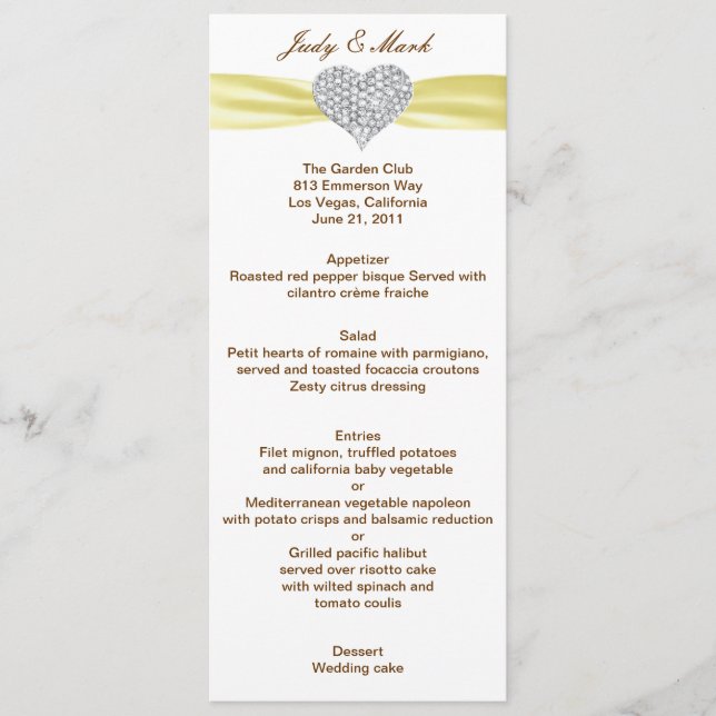 Carte de menu Mariage jaune Coeur diamant (Devant)