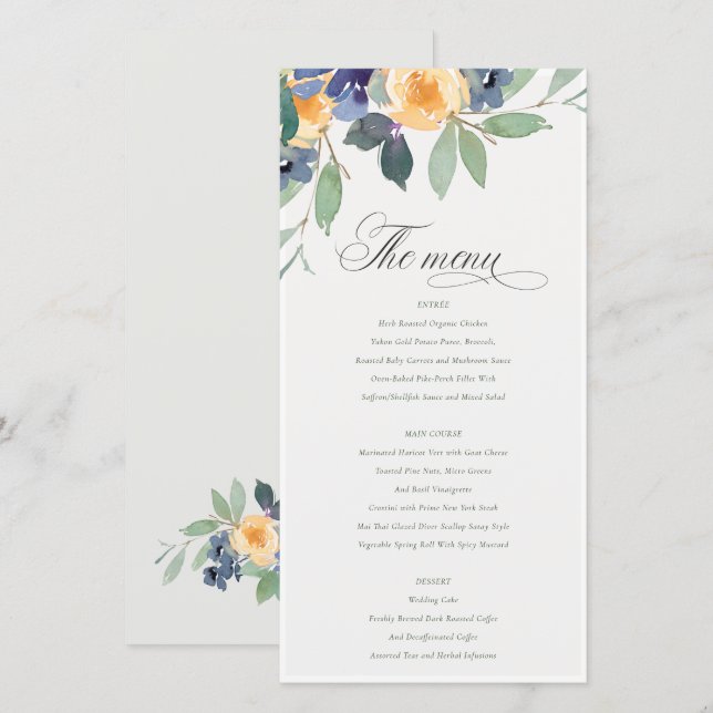 Carte de menu Mariage Jaune Floral (Devant / Derrière)
