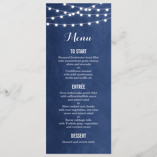 Carte de menu Mariage Marine Blue String Lights (Devant)