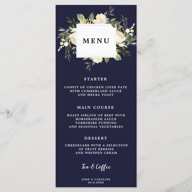 carte de menu mariage marine floral boho (Devant)