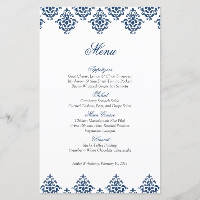 Carte de menu Mariage Marine White Damask Arabesqu (Devant)