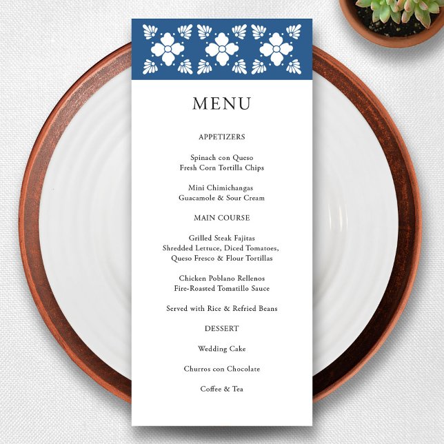 Carte de menu Mariage mexicain Talavera Style (Talavera Style Mexican Wedding Menu Card)