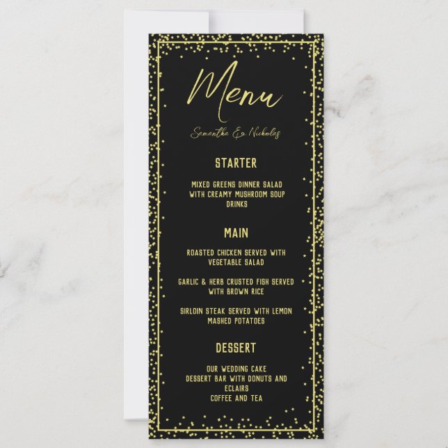Carte de menu Mariage minimum noir et or (Devant)