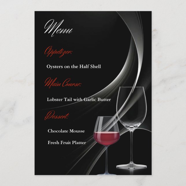 Carte de menu Mariage moderne Black & Red Wine Gla (Devant)