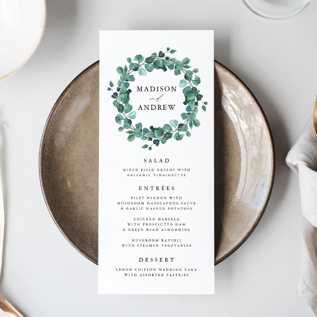 Carte de menu Mariage moderne Eucalyptus Greenery (Créateur téléchargé)
