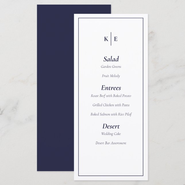 Carte de menu Mariage Monogramme bleu marine (Devant / Derrière)