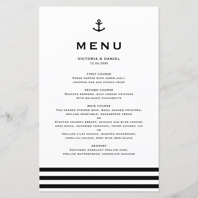 Carte de menu Mariage Nautique Ancre Noire moderne (Devant)
