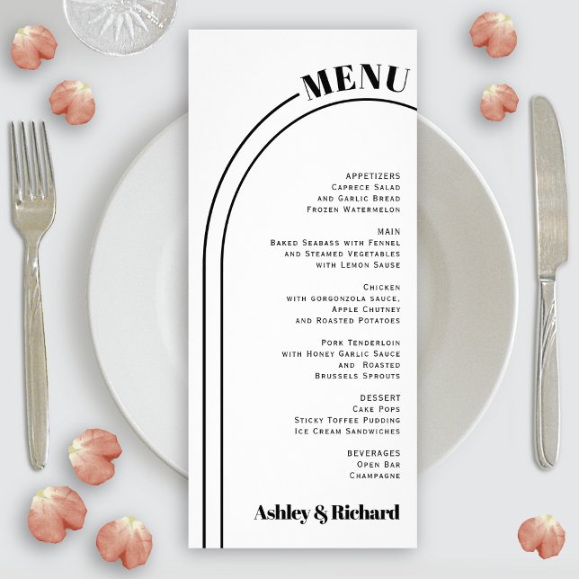 Carte de menu mariage noir, blanc arche et typogra (Créateur téléchargé)