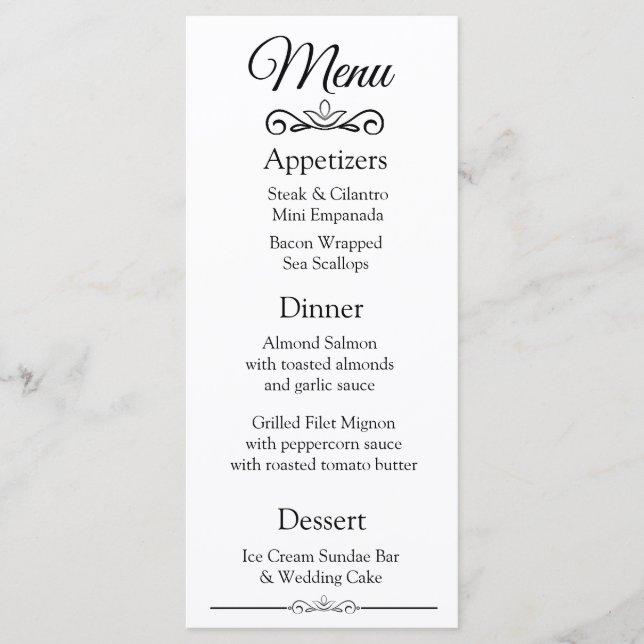 Carte de menu Mariage noir blanc élégant (Devant)