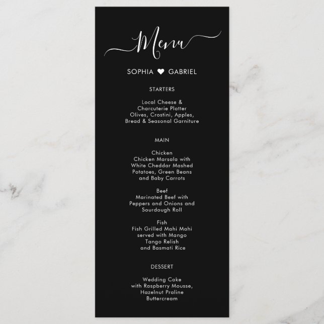 Carte de menu Mariage noir Coeur de typographie mi (Devant)