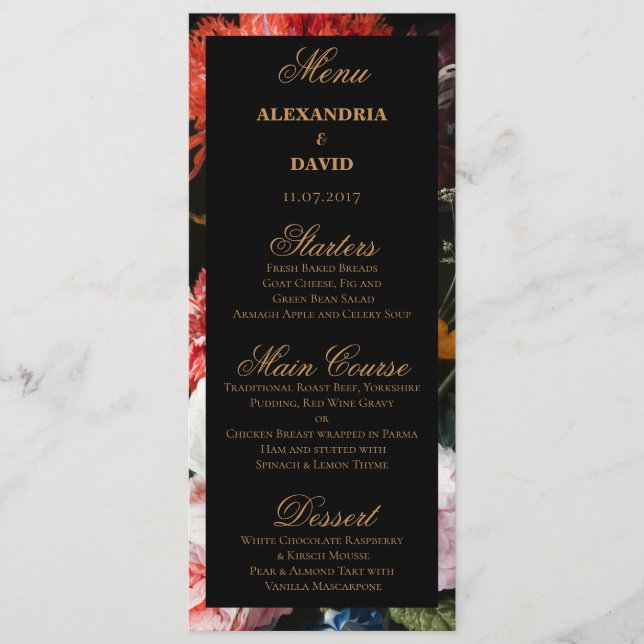 Carte de menu Mariage noir et rouge foncé (Devant)