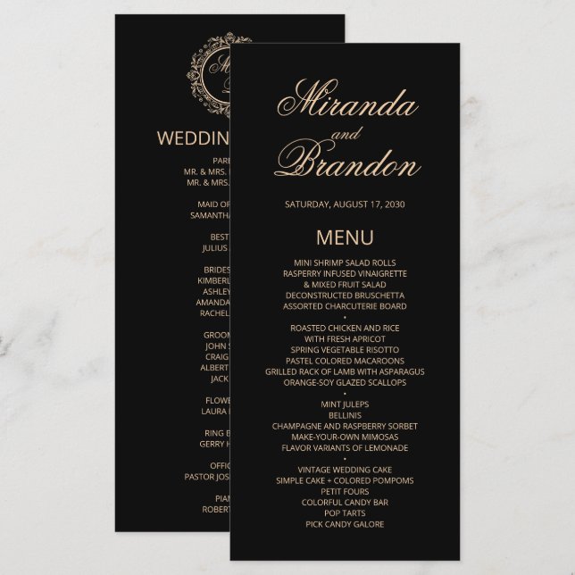 Carte de menu Mariage noir Monogramme or de luxe (Devant / Derrière)