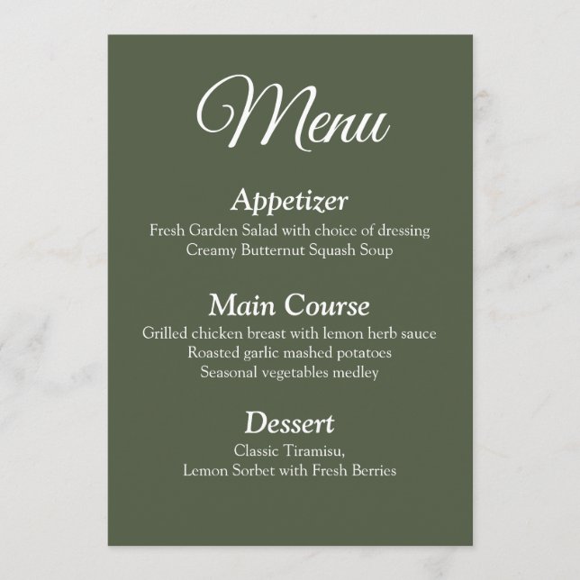 Carte de menu Mariage Olive Green moderne et éléga (Devant)
