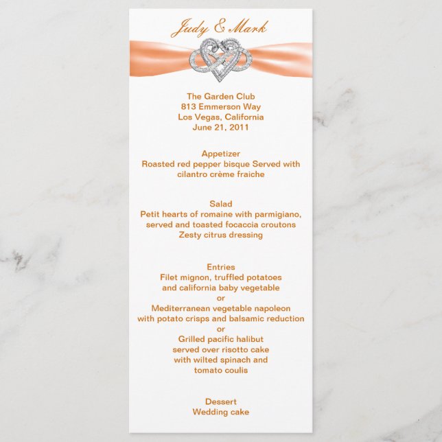Carte de menu Mariage Orange Infinity Heart (Devant)