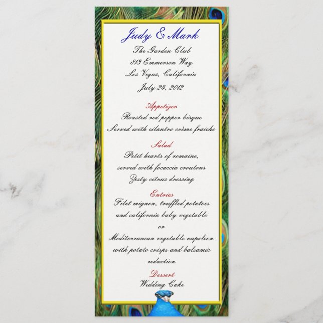Carte de menu Mariage Peacock (Devant)