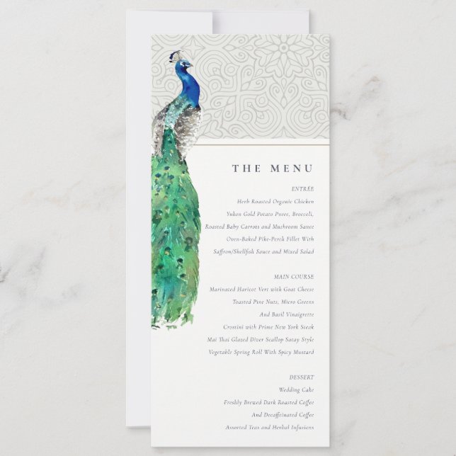 Carte de menu Mariage Peacock Ornate Classé (Devant)