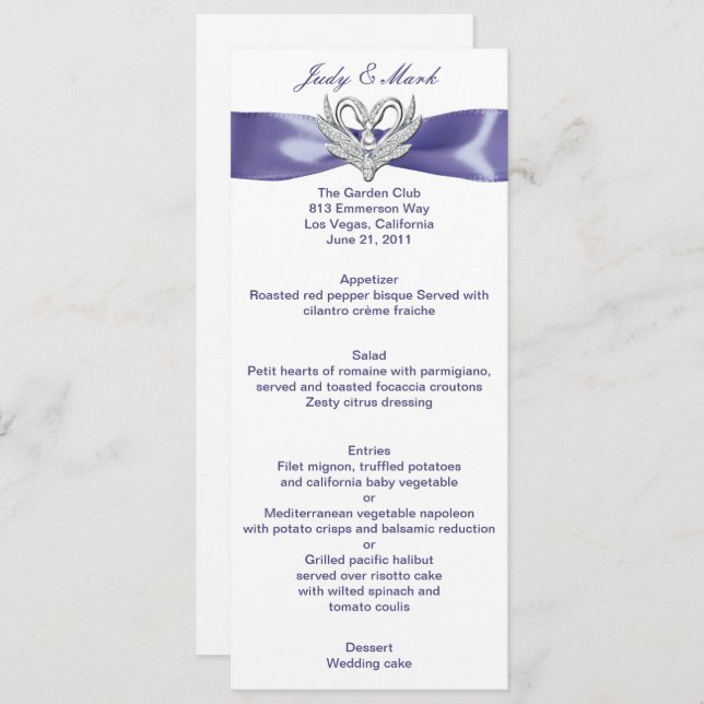 Carte de menu Mariage pour cygnes en argent violet (Devant / Derrière)