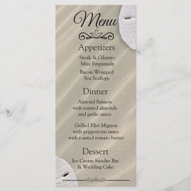 Carte de menu Mariage pour dollar de sable océaniq (Devant)