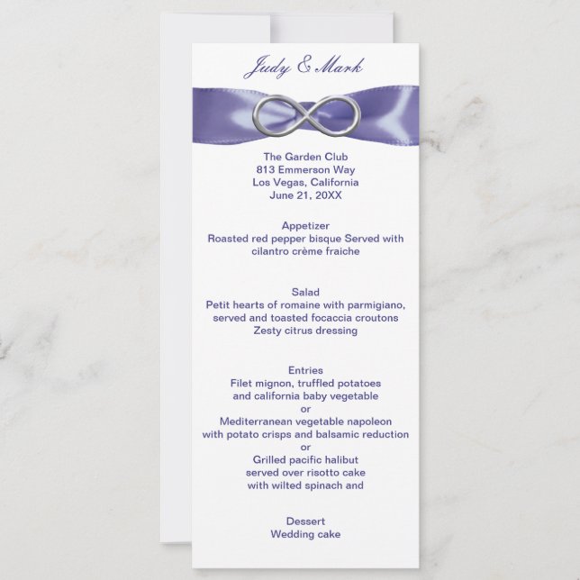 Carte de menu Mariage Purple Blue Silver Infinity (Devant)