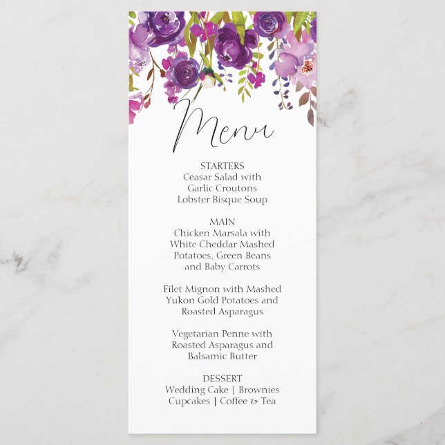 Carte de menu Mariage Purple Peonies (Devant)