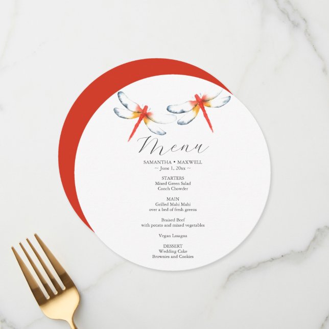 Carte de menu mariage Red Dragonfly (Devant/Arrière en situation)