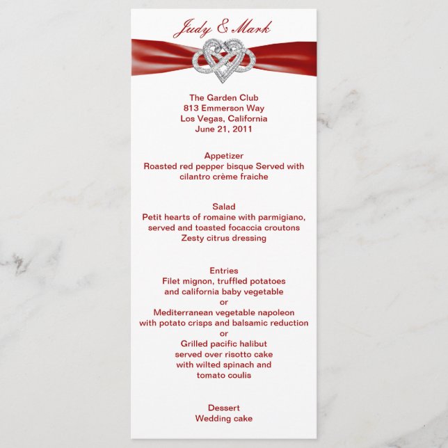 Carte de menu Mariage Red Infinity Heart (Devant)