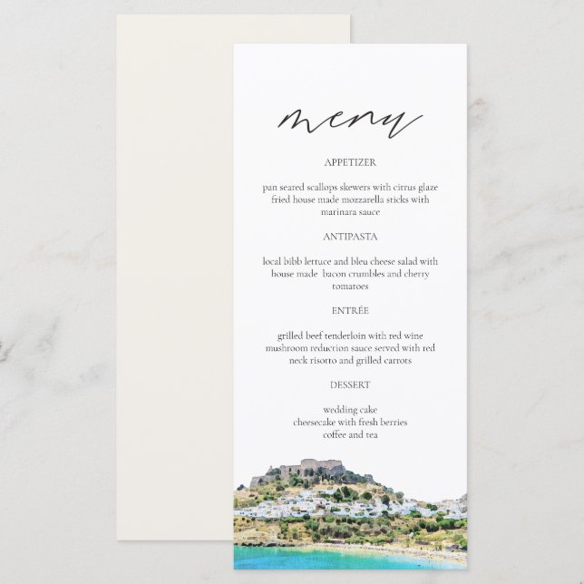 Carte de menu Mariage RHODES Grèce Skyline Waterco (Devant / Derrière)