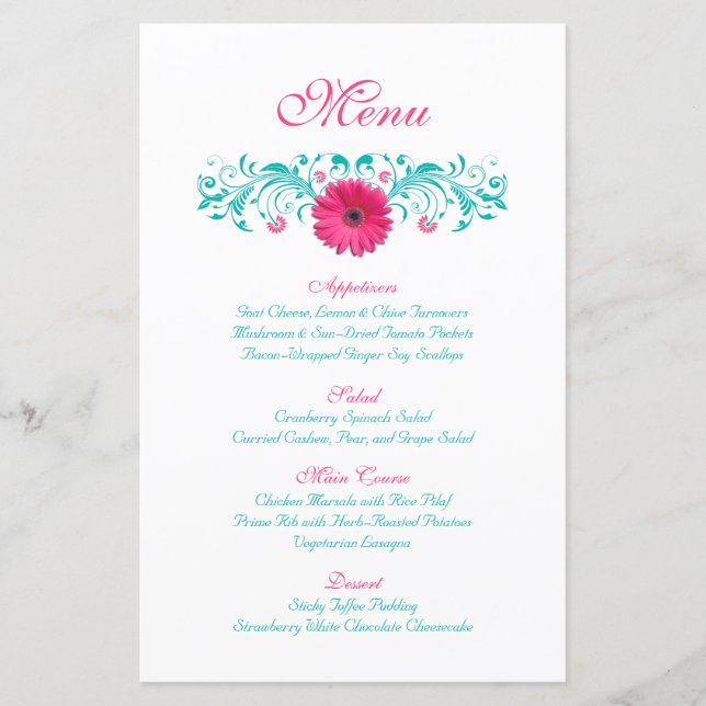 Carte de menu Mariage rose Gerbera Daisy (Devant)