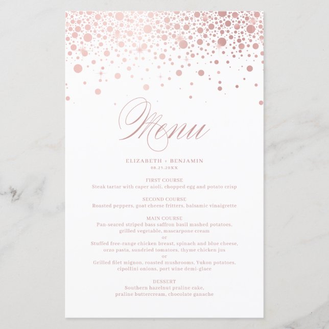 Carte de menu Mariage rose Gold Foil Confetti Dots (Devant)