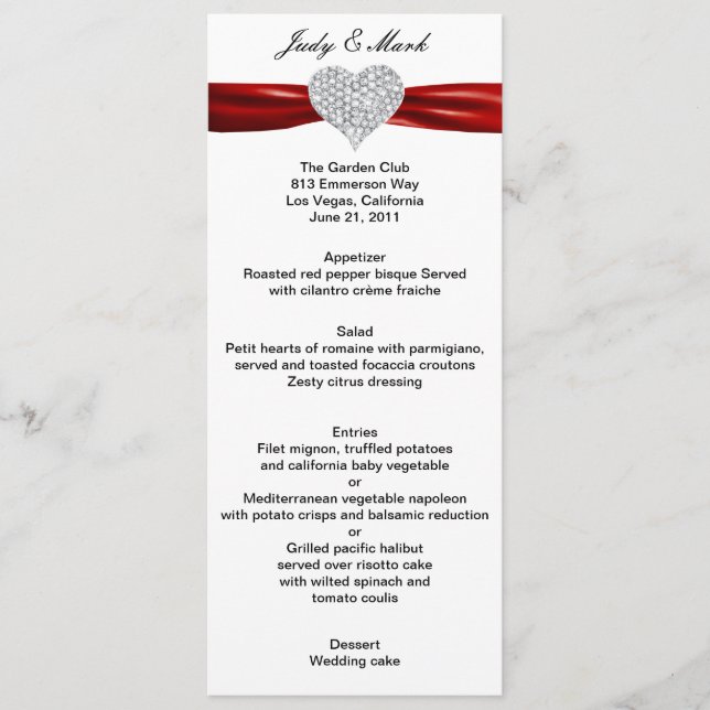 Carte de menu Mariage rouge Diamond Heart (Devant)