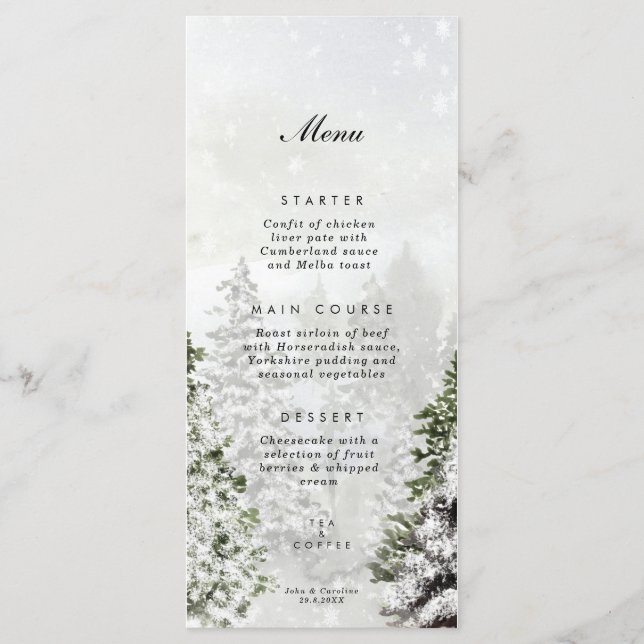 carte de menu mariage rustique hiver au pays des m (Devant)