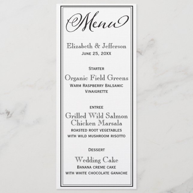Carte de menu Mariage simple en noir et blanc (Devant)