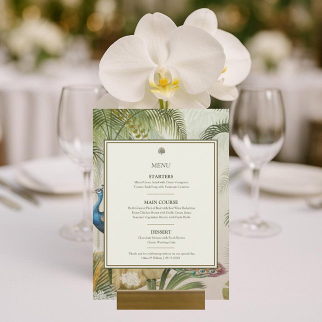 Carte de menu Mariage Tropical Peacock Palm 5x7 (Tropical Peacock Palm 5x7 Wedding Menu Card styled with orchids & glassware for resort wedding. )