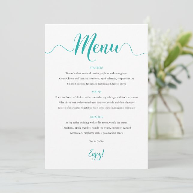Carte de menu Mariage Turquoise 5"x7" (Debout devant)