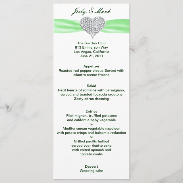 Carte de menu Mariage vert Diamond Heart (Devant)