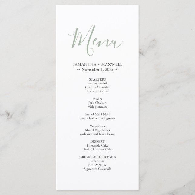 Carte de menu Mariage vert simple (Devant)