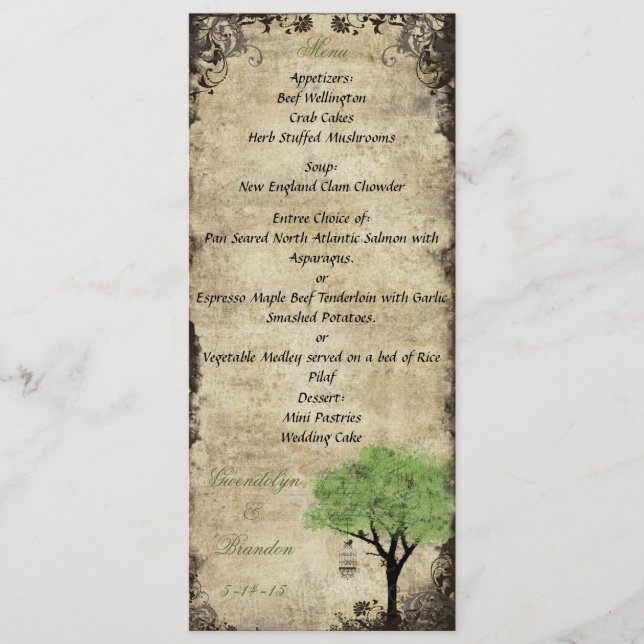 Carte de menu Mariage verte Birdcage et Arbre (Devant)