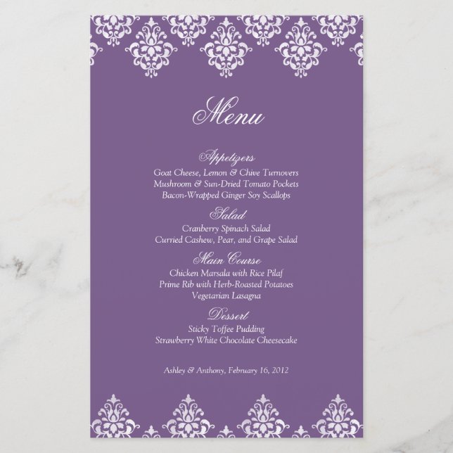 Carte de menu Mariage violet blanc Damask Arabesqu (Devant)
