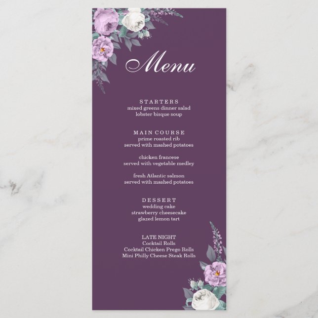 Carte de menu Mariage violet foncé (Devant)