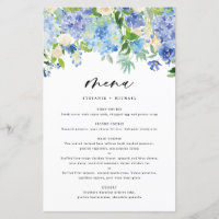 Carte de menu Mariage Watercolor Blue Hydrangeas