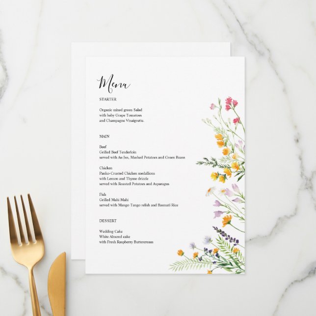 Carte de menu moderne fleur sauvage monogrammée su (Devant/Arrière en situation)