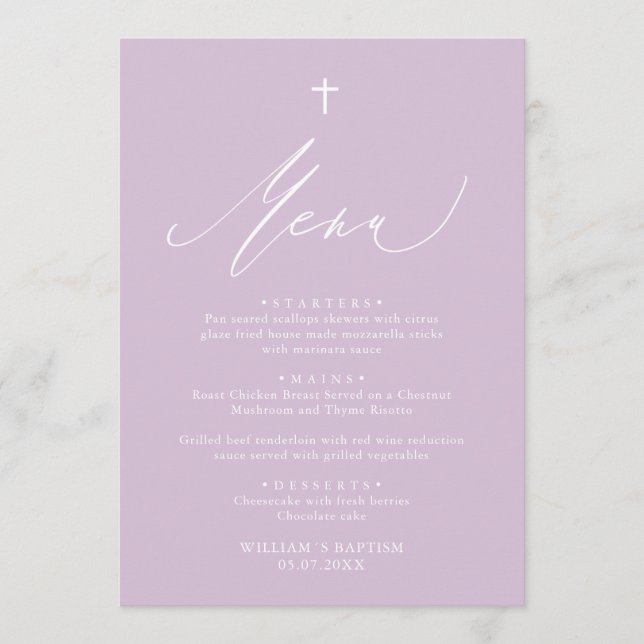 Carte de menu moderne Purple White Cross Girl Bapt (Devant)