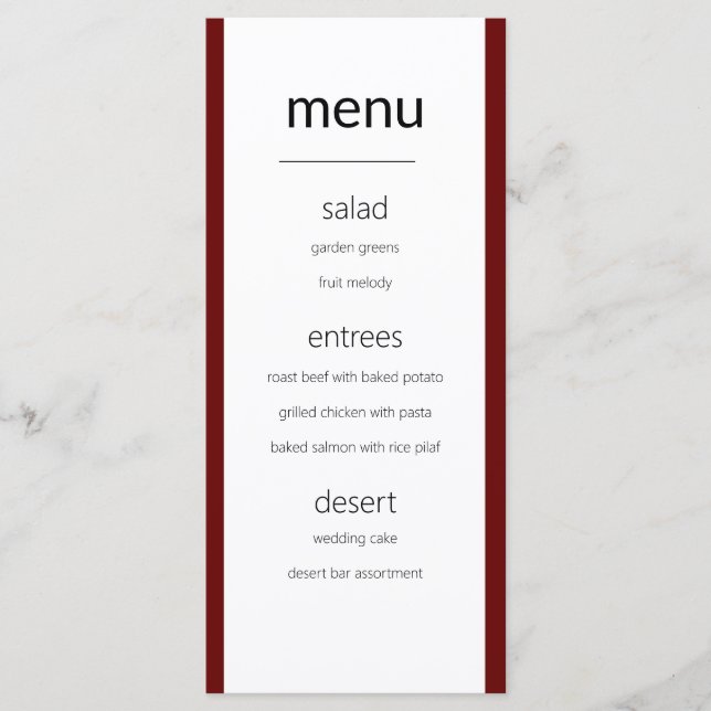 Carte de menu moderne simple Maroon et Mariage bla (Devant)