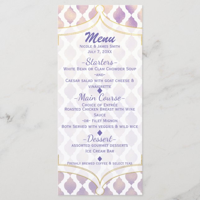Carte de menu moderne violet or & blanc marocain (Devant)