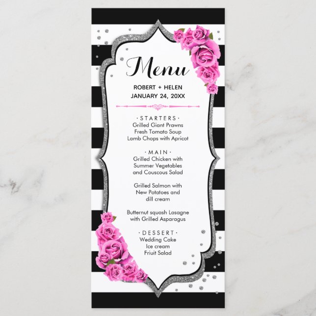 Carte de menu Noir Blanc Argent Rose (Devant)
