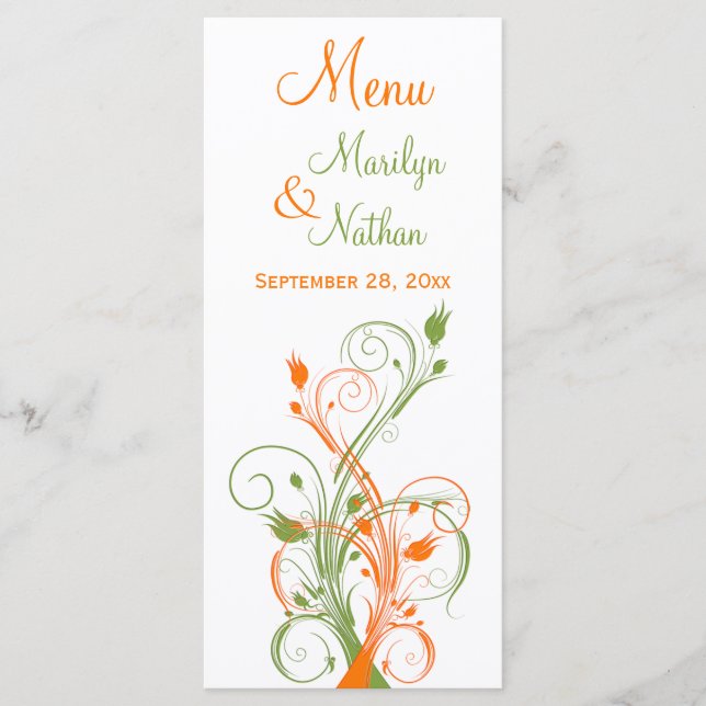 Carte de menu orange, vert et blanc à la floraison (Devant)