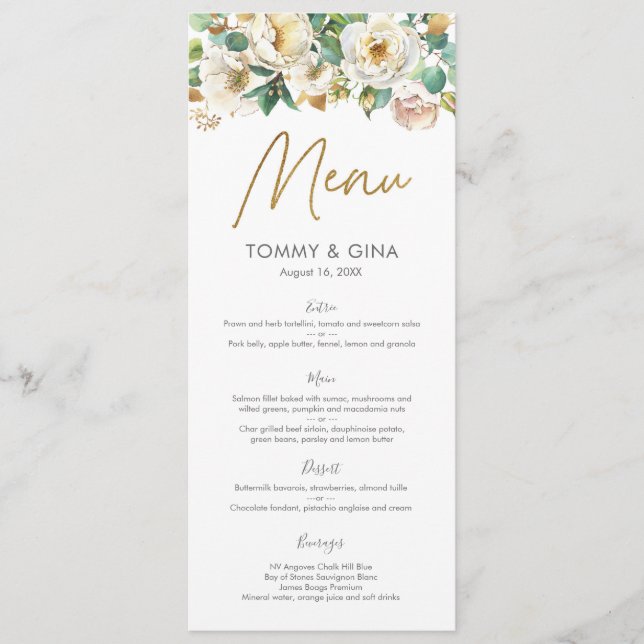 Carte de menu ou de programme Floral blanc et or (Devant)