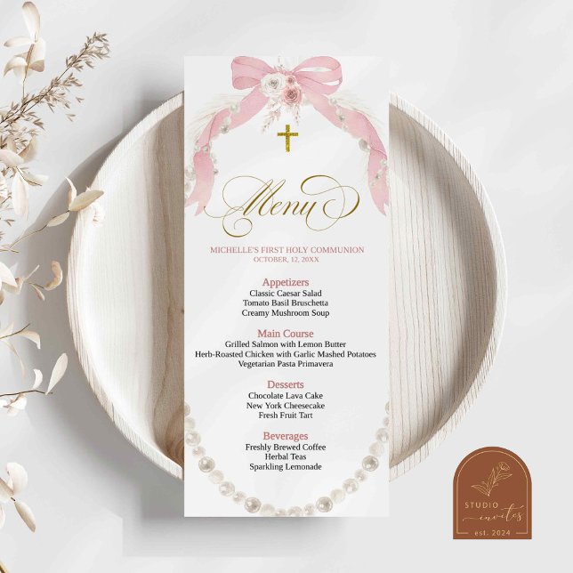 Carte de menu Pearl Pink Boho First Holy Communion (Créateur téléchargé)