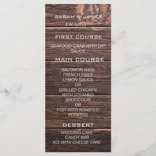 Carte de menu personnalisée Mariage en chêne rusti (Devant)