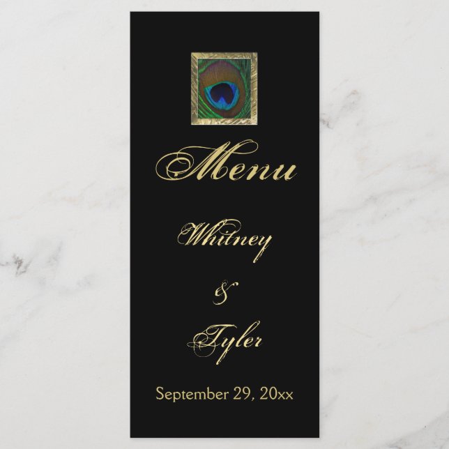 Carte de menu Pièce Peacock Noir et Or (Devant)